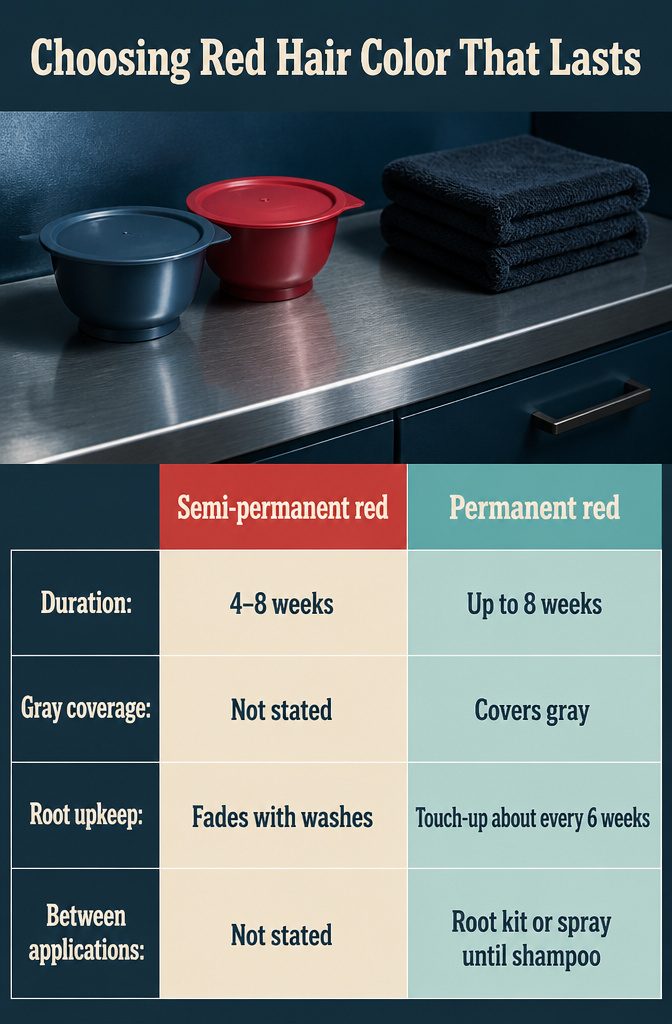 Beauty infographic comparing temporary and permanent red hair color choices