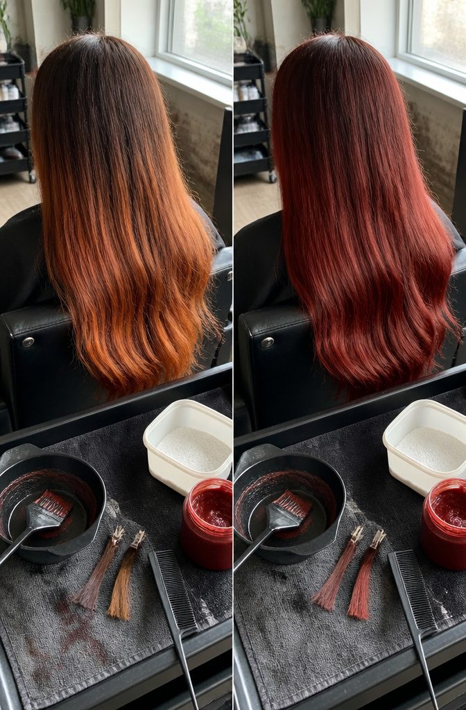 Red hair dye shades beside dark and light hair color swatches