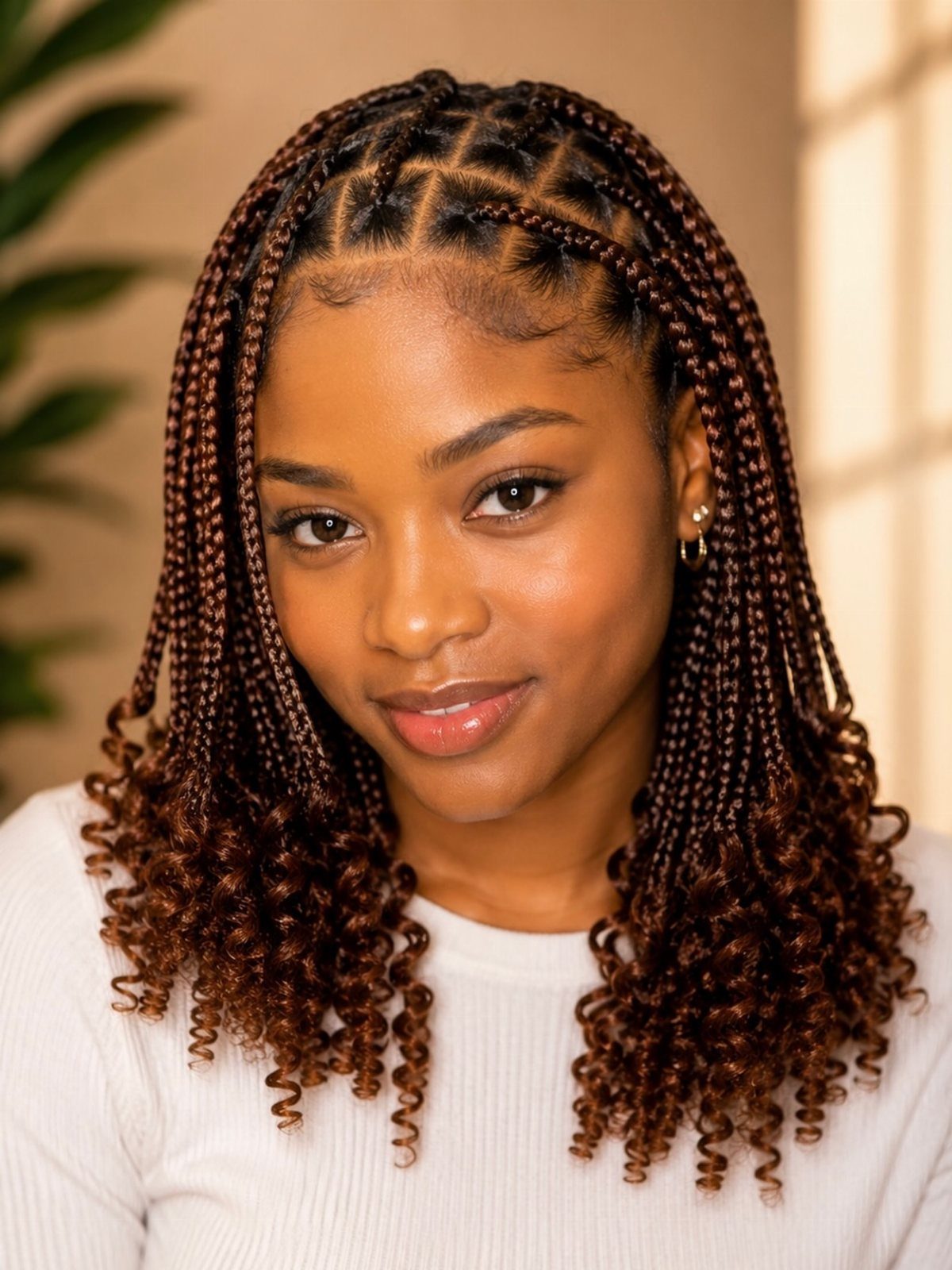 Woman with cornrows and long braids ending in curls over a white top