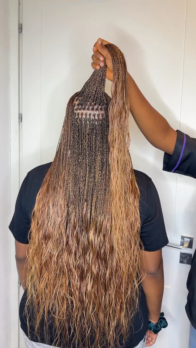 Long fine braids with wavy brown ends are lifted to reveal the scalp.