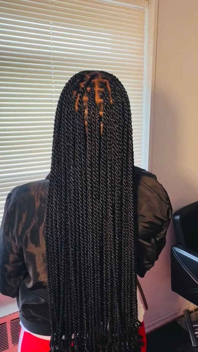 Long black Senegalese twists hang down the back from neatly sectioned roots