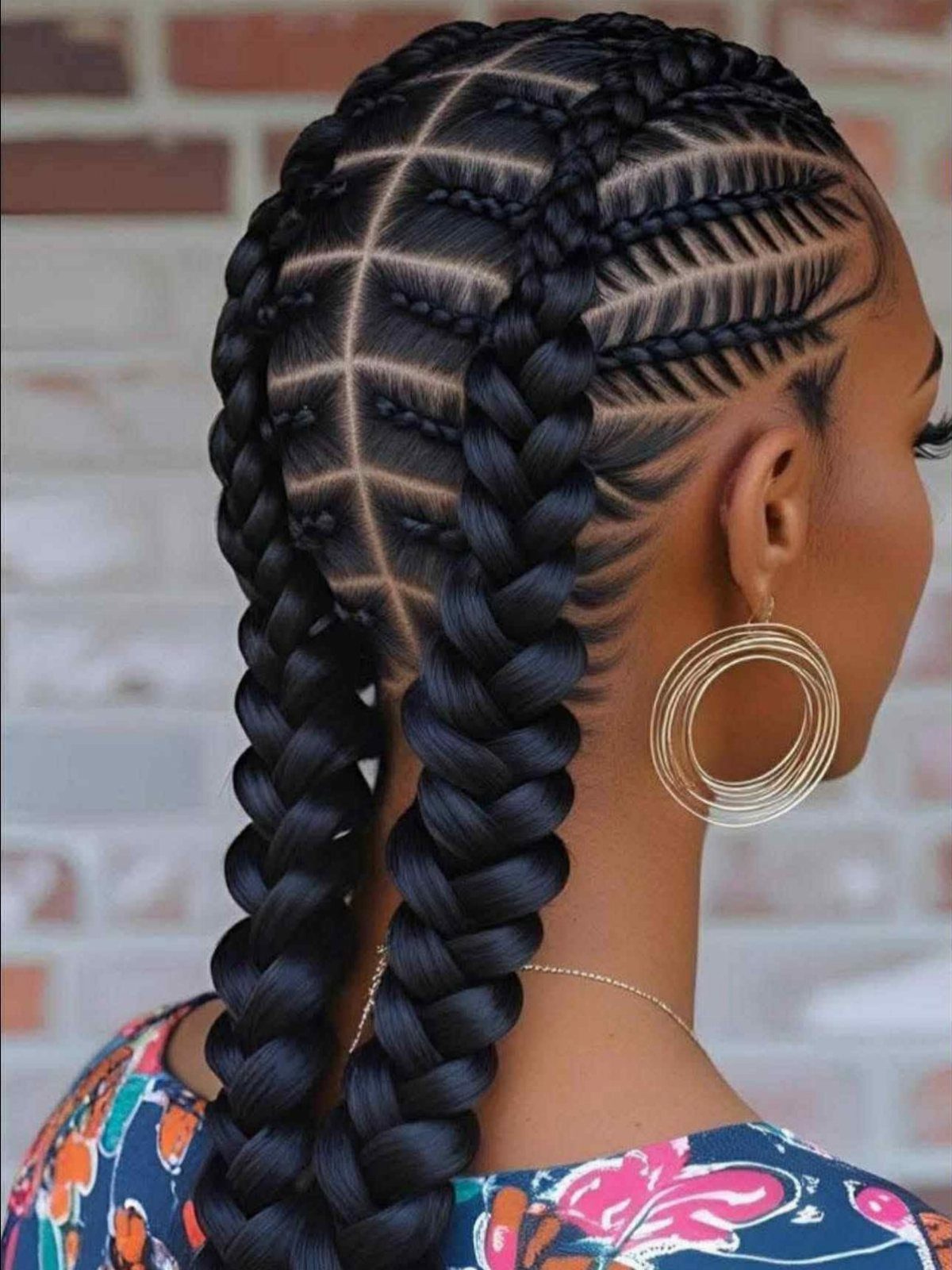 Stitch cornrows form precise curved partings and long thick braids down the back