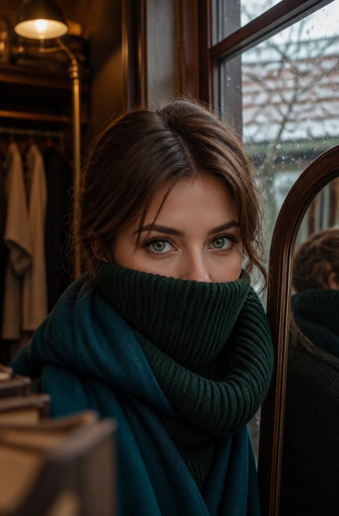 Brown-haired woman with green eyes wearing deep forest green and rich teal