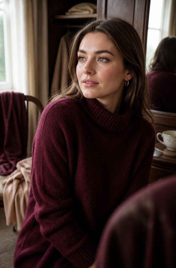 Brown-haired woman with green eyes wearing a deep burgundy top