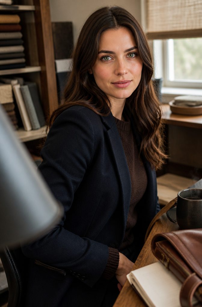 Brown-haired woman with green eyes wearing a midnight navy blazer