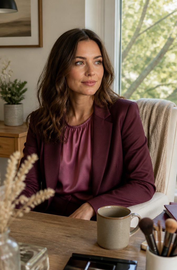 Brown-haired woman with green eyes wearing a warm plum blazer