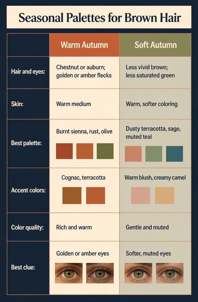 Seasonal palette swatches for brown hair with green eyes