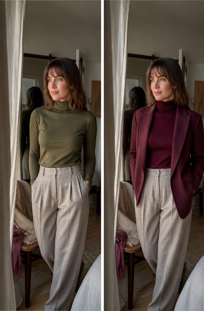 Brown-haired woman with green eyes wearing a burgundy turtleneck