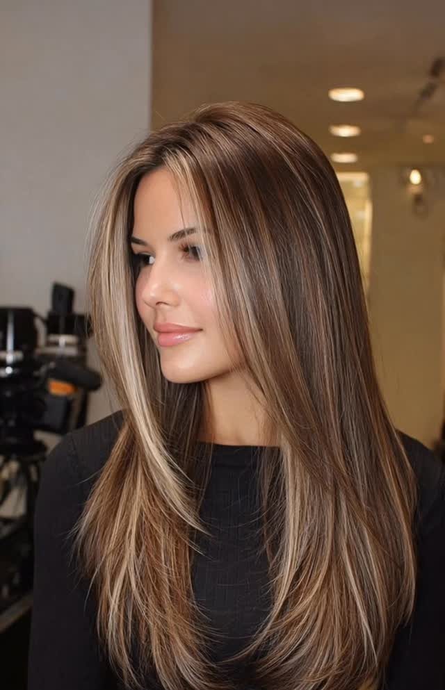 Woman with long, warm honey-brown hair and lighter highlights in a salon
