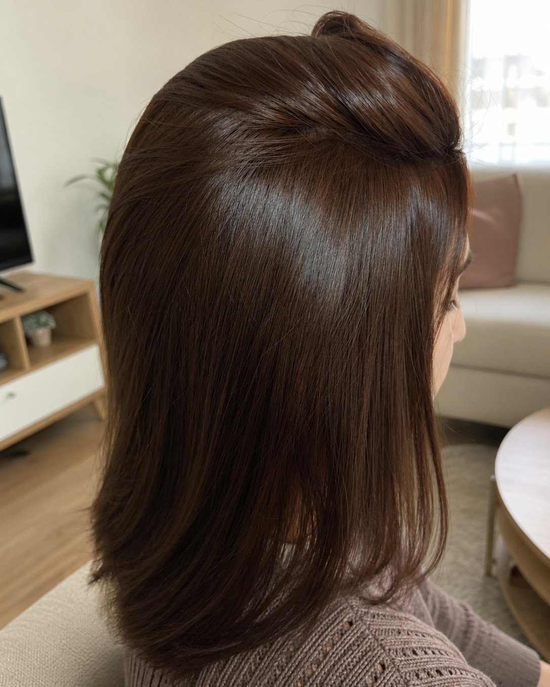 Smooth, shoulder-length solid brunette hair viewed from behind