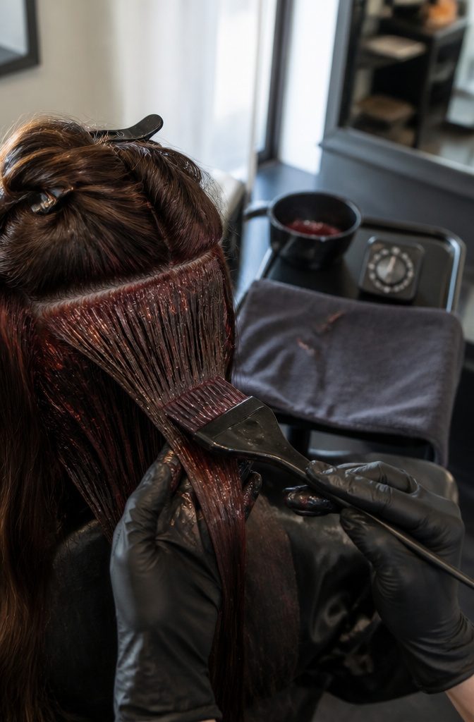 Hair being divided into sections for careful application of red dye