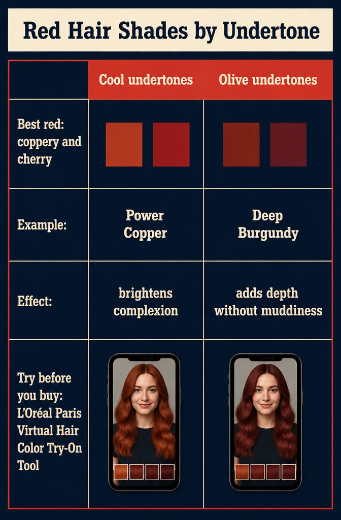 Red hair shade chart arranged by cool olive and neutral skin undertones