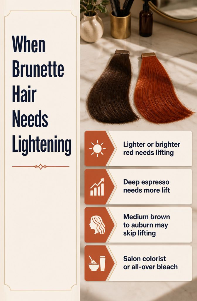 Brunette hair lightening guide with examples of darker and brighter red shades