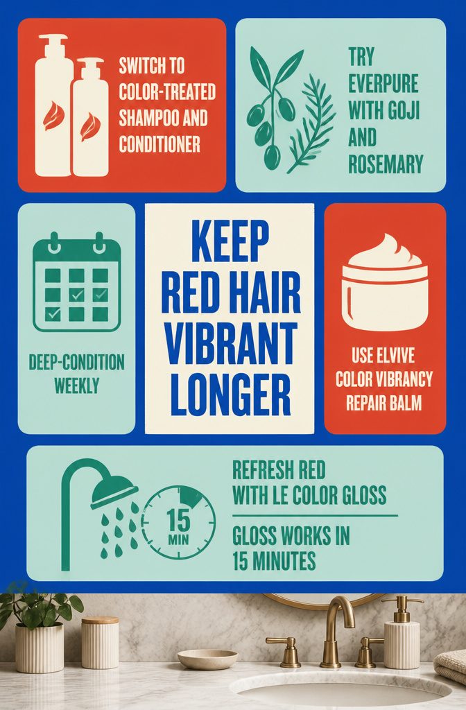 Red hair care guide with shampoo conditioner and weekly deep conditioning treatment