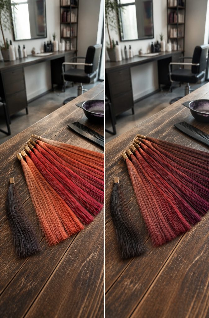 Hair color swatches showing copper auburn cherry red burgundy and scarlet shades