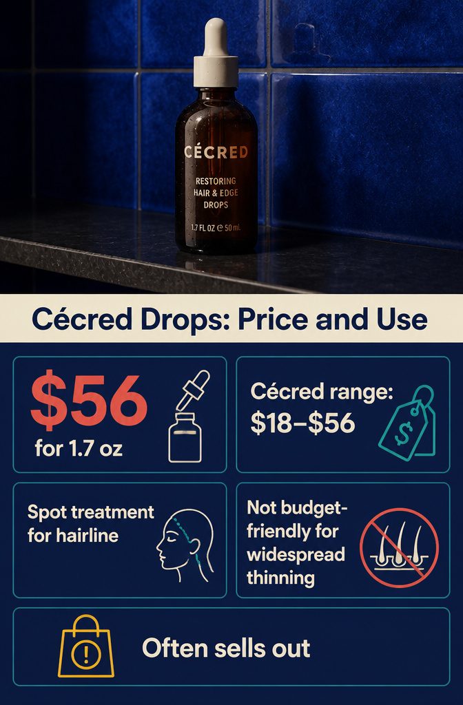 Beauty information graphic titled Cécred Drops Price and Use