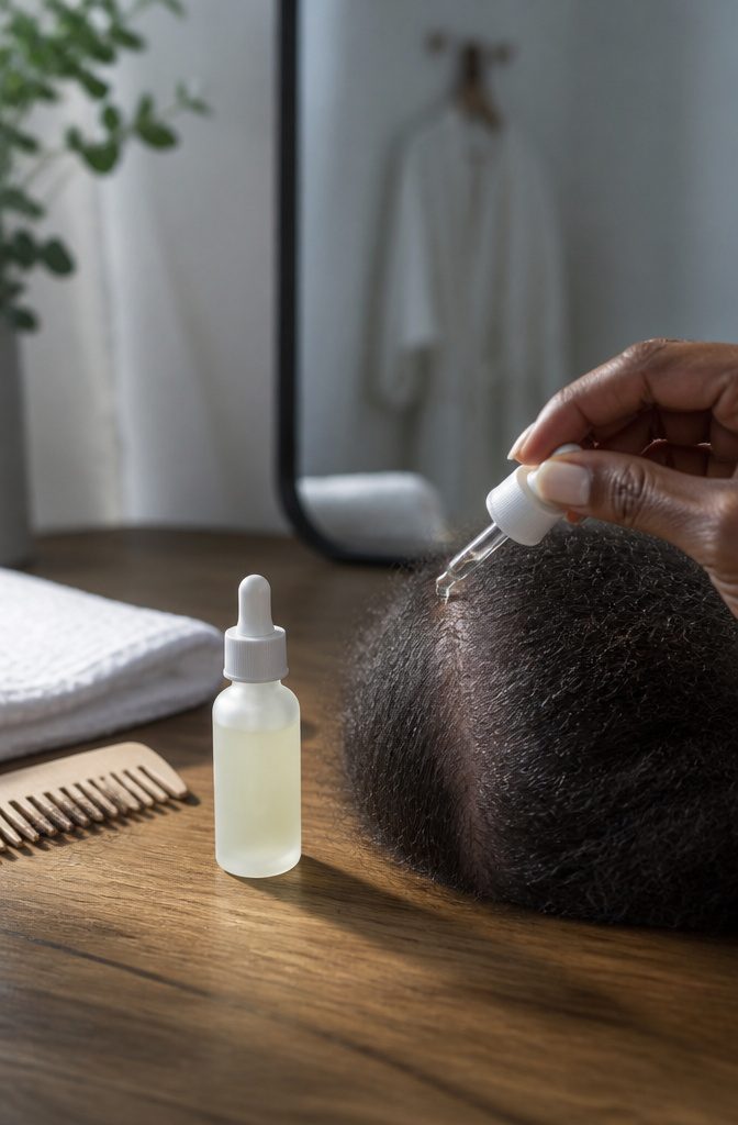 Dropper bottle held near sparse edges for targeted scalp application