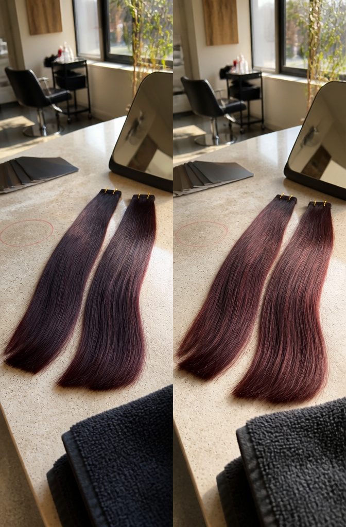 Brunette hair with cherry red and violet color tones