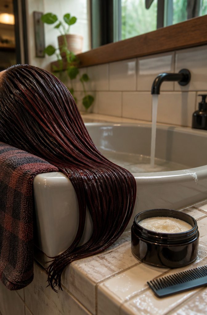 Wet dark brown hair rinsed in a basin beside open conditioner