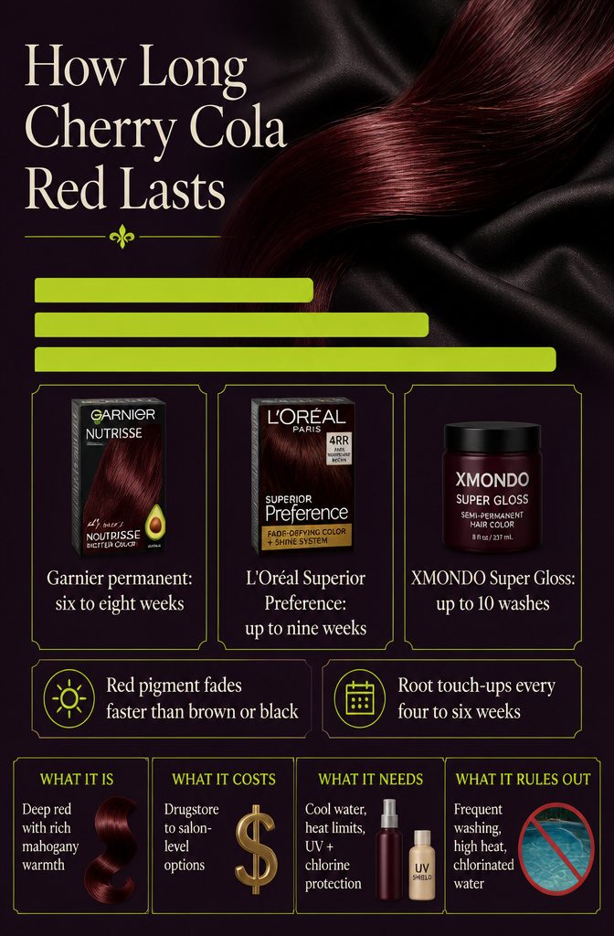 Cherry cola hair color guide with fading and root care information