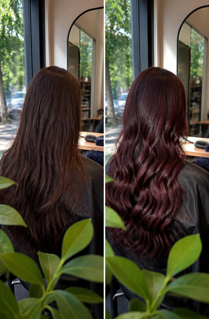 Dark brunette hair showing wine red tones in bright light