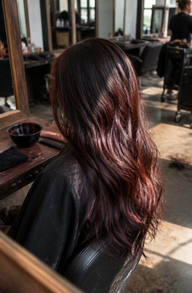 Long brunette balayage hair with red highlights and burgundy shadows