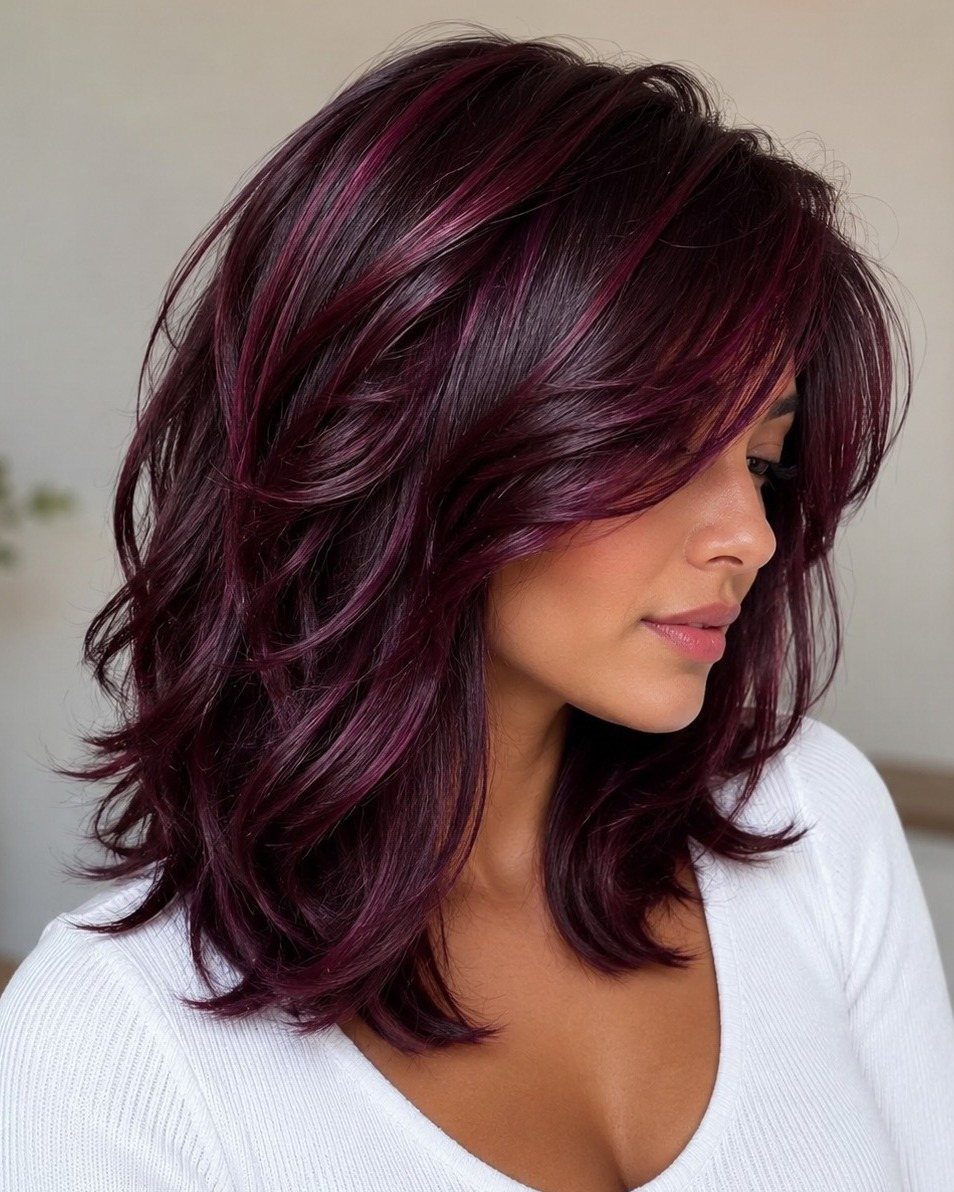Dark brown layered hair with glossy cherry burgundy highlights shown in profile