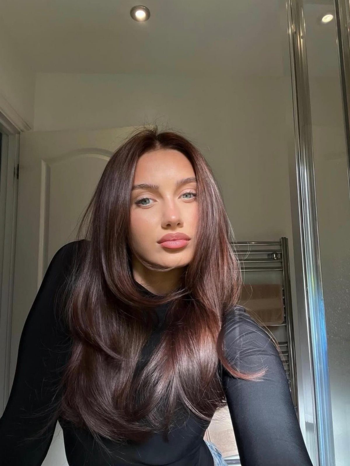 Woman posing with glossy, layered deep cherry-brown hair