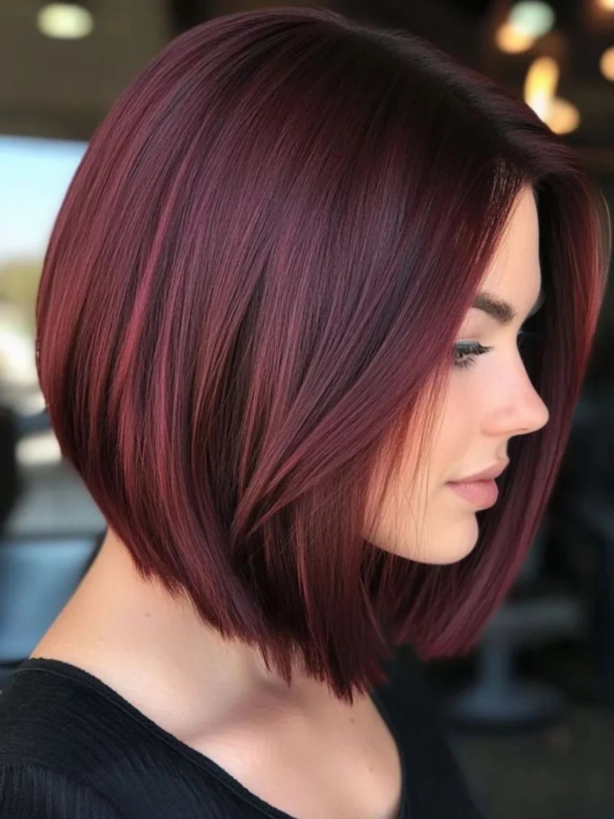 Burgundy brunette bob with smooth layers framing a woman's face