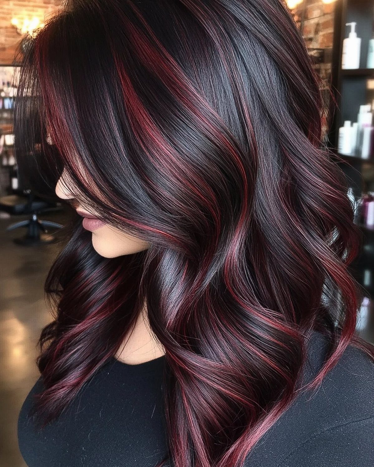 Long wavy dark hair with glossy cherry-red and burgundy highlights in a salon
