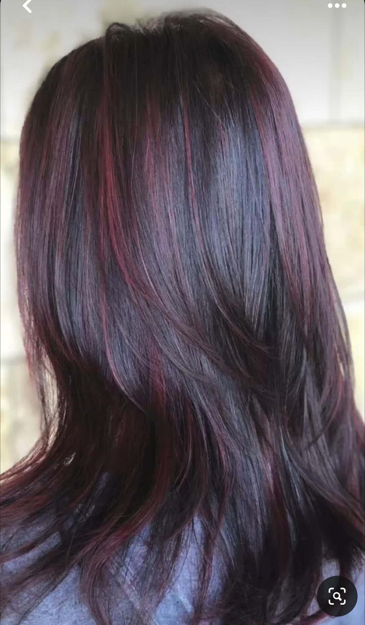 Long dark burgundy hair with subtle red-violet tones and layered waves