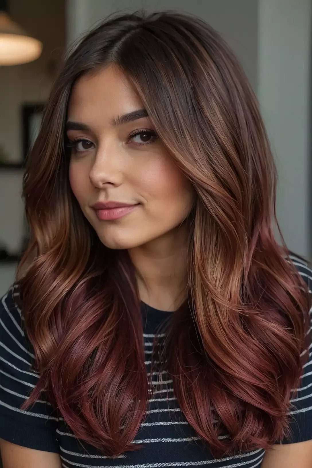 Woman with long wavy dark brown hair fading into burgundy-red ends