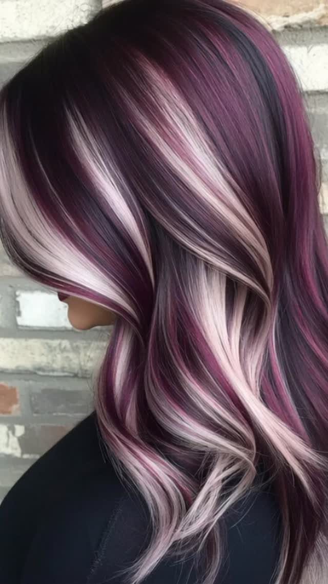 Long burgundy hair with vivid pink and pale blonde streaks in loose curls