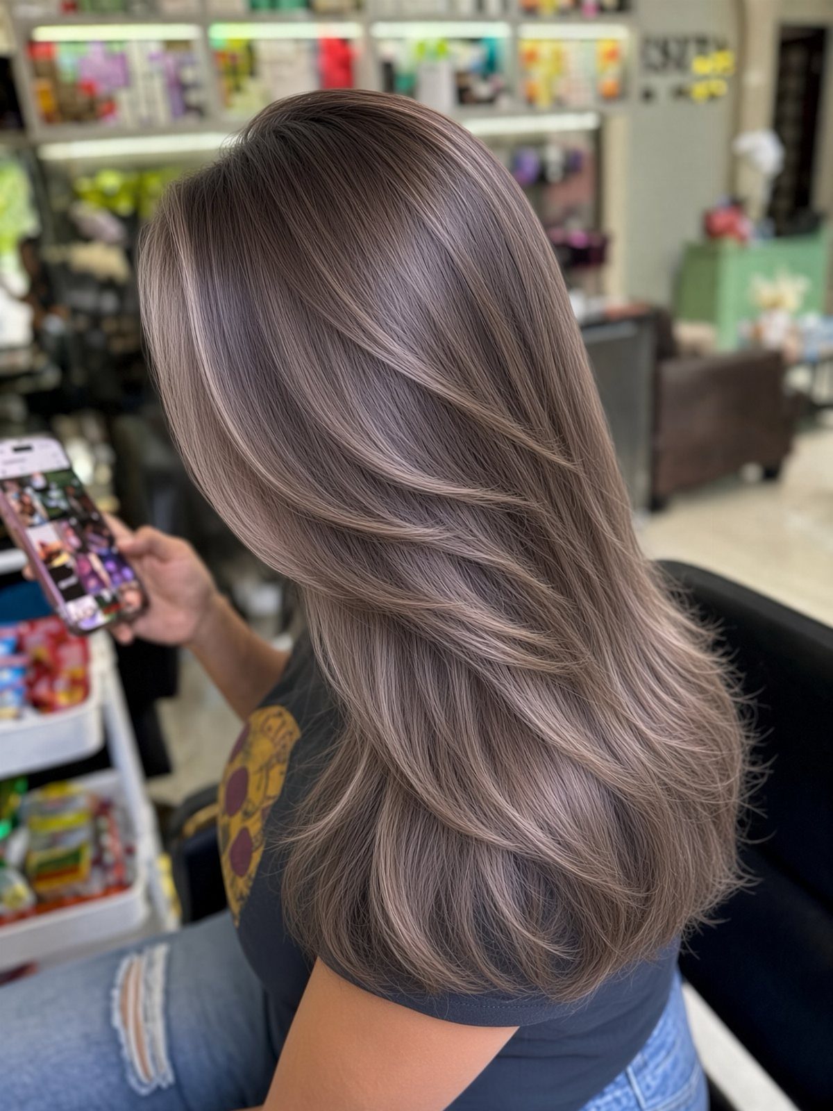 Long ash-brown layered hair with subtle highlights in a salon