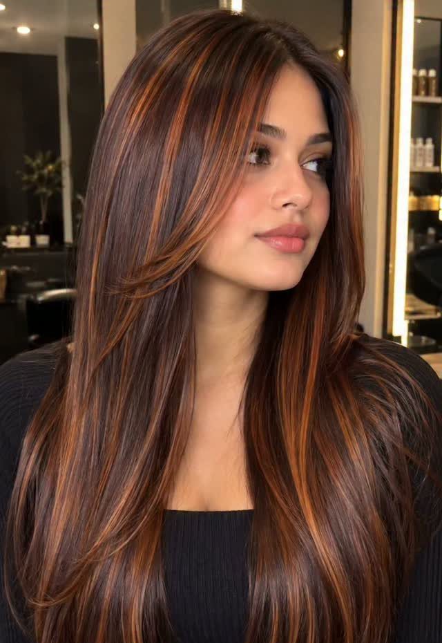 Long chestnut brown hair with shiny copper strands frames a woman’s face.