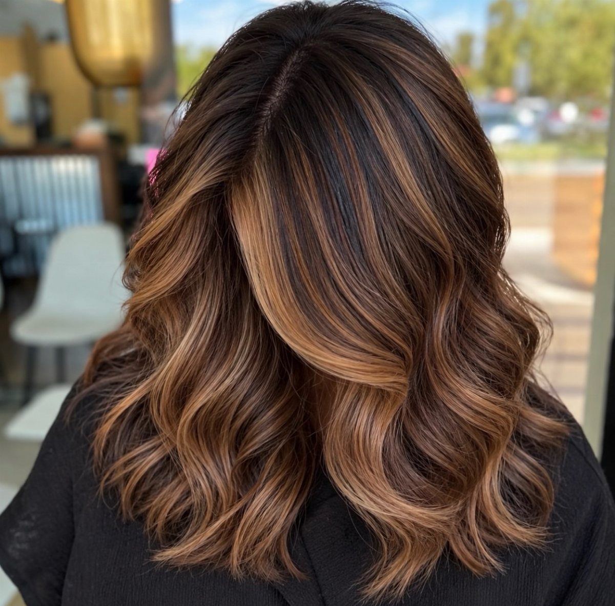 Wavy chestnut brown hair with dark roots and warm caramel balayage
