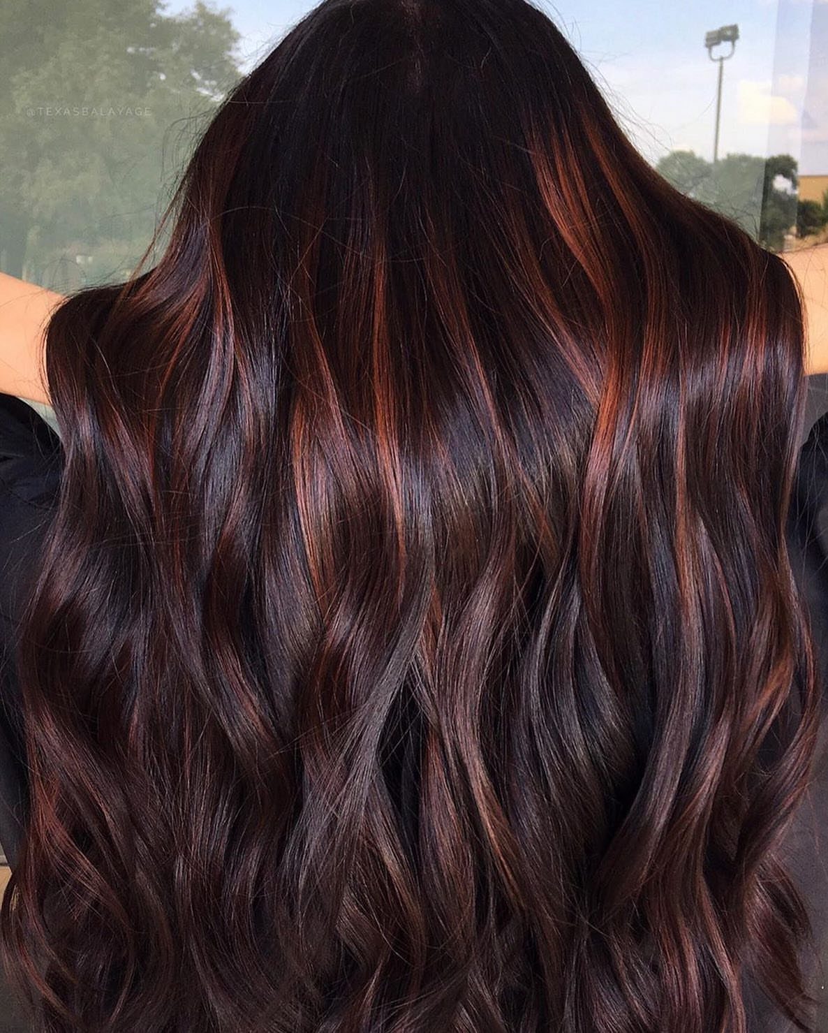 Wavy dark hair with subtle mahogany chestnut highlights and glossy dimension