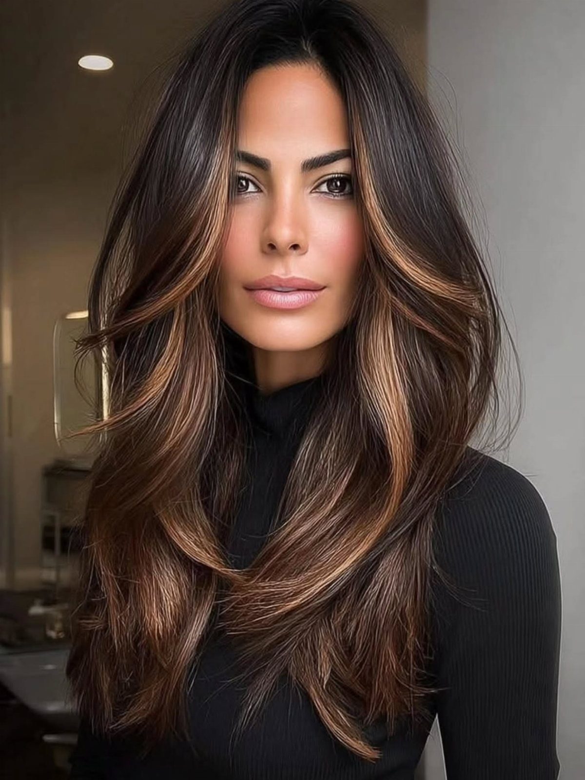 Long brunette layers with subtle warm brown highlights frame a woman's face.