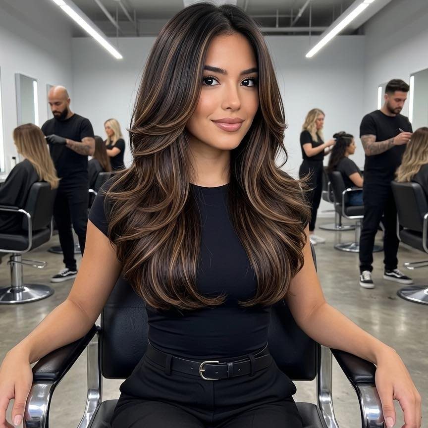 Long layered brunette hair with subtle chestnut-toned highlights in a salon
