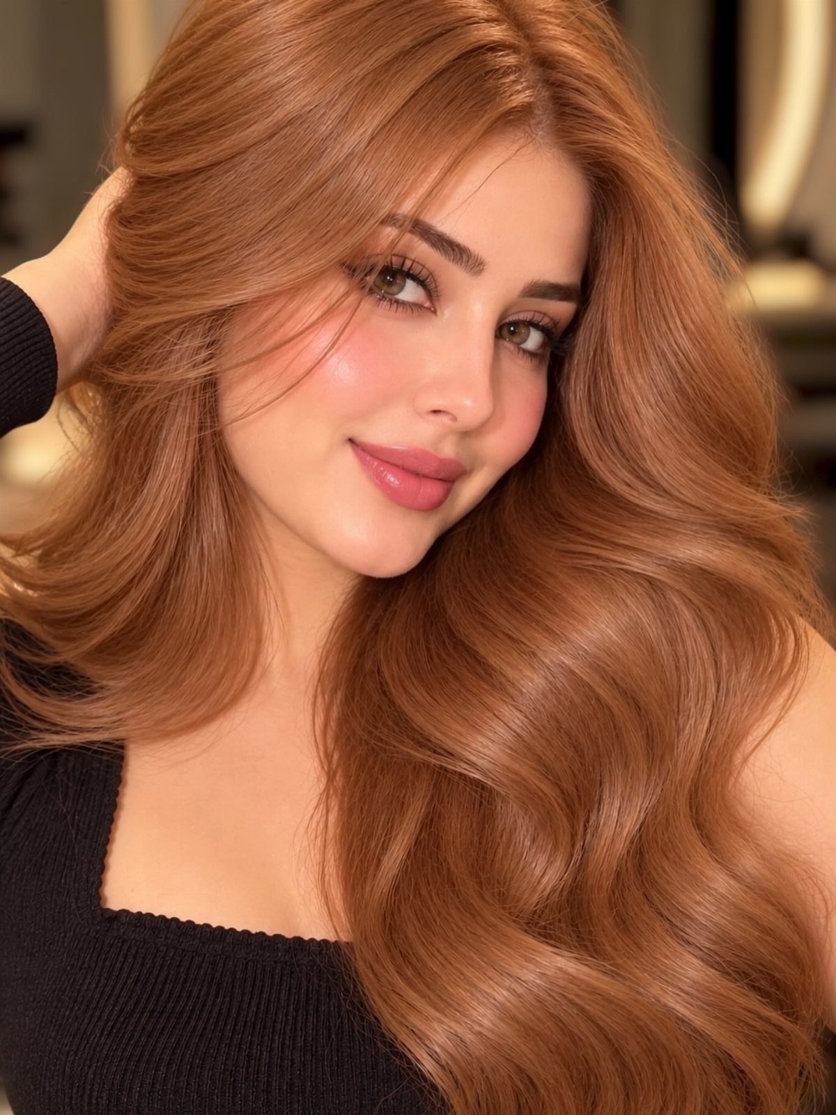 Woman with fair skin showing long, softly waved copper-auburn hair