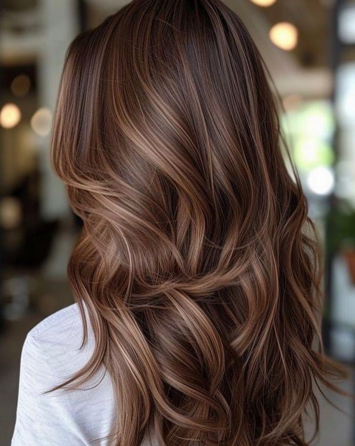 Long brunette waves with warm chestnut and lighter balayage highlights