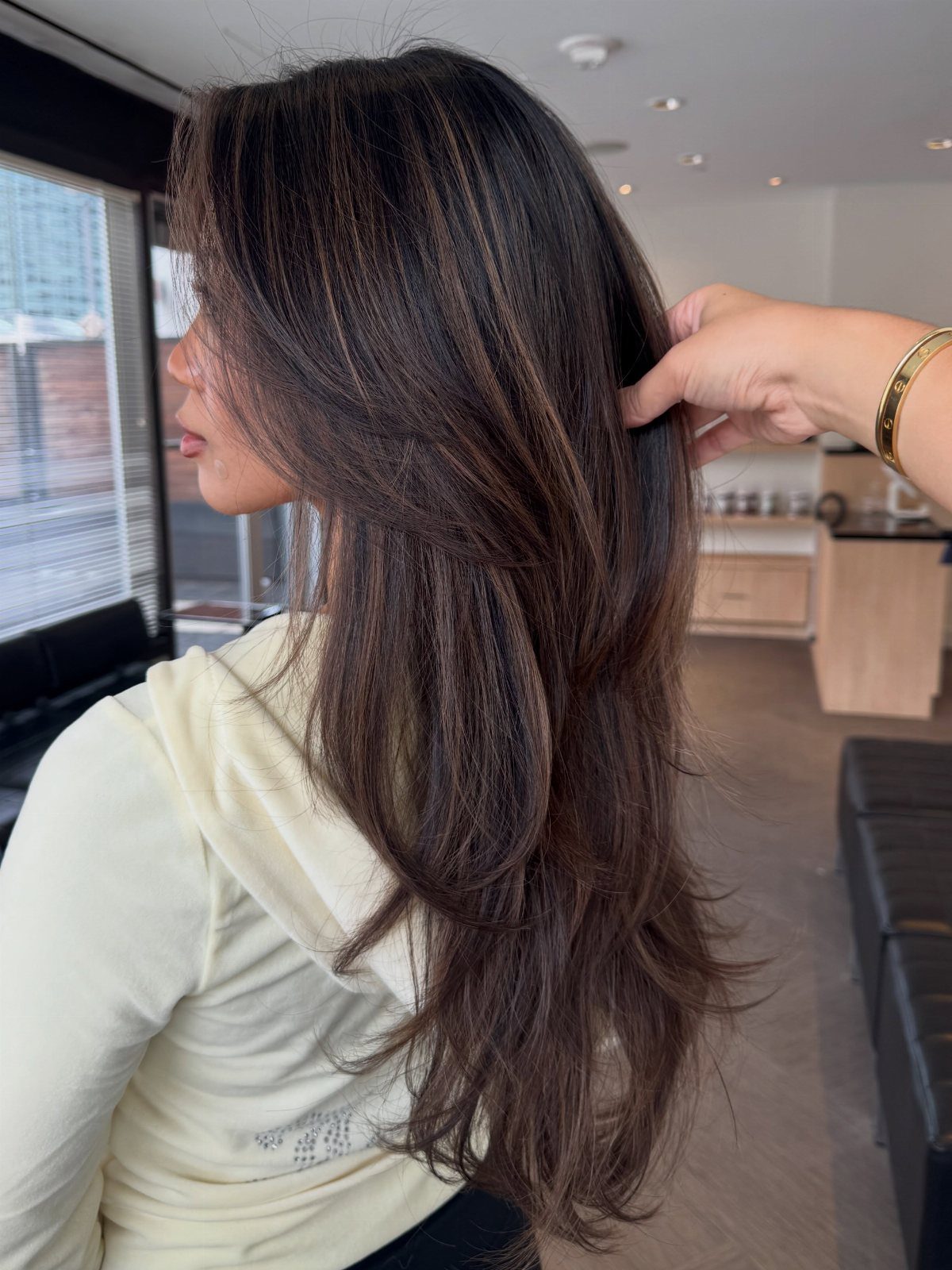 Long dark brown hair with subtle refined streaks is parted by a hand in a salon.