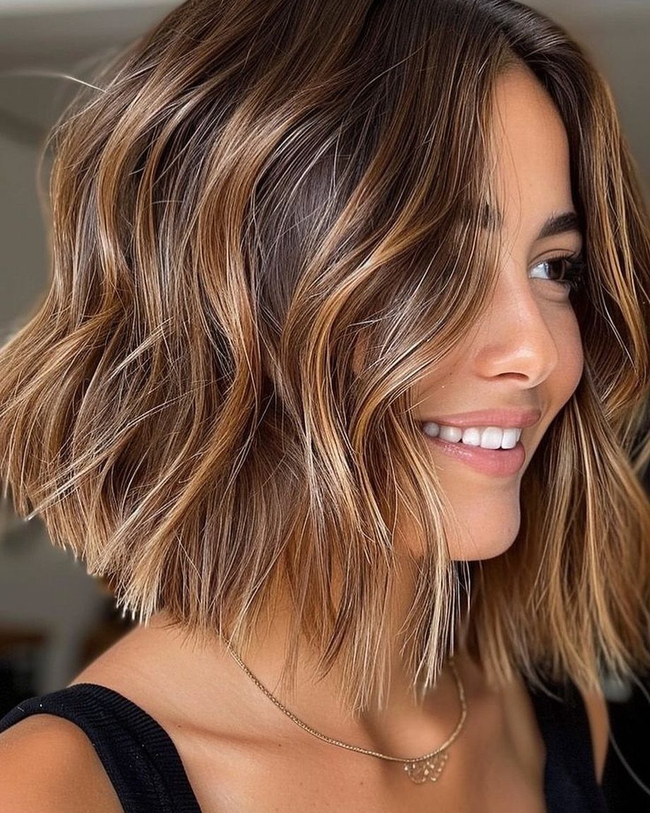 Layered chestnut bob with warm blonde face-framing highlights