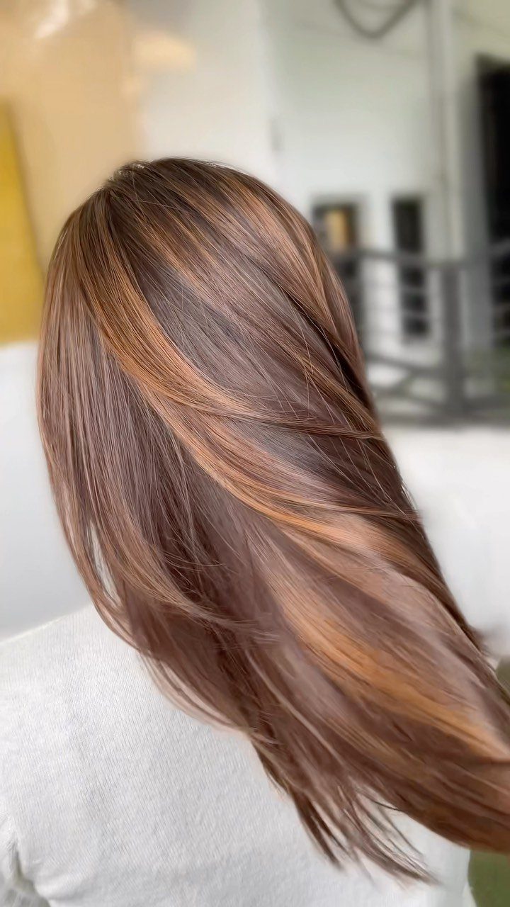 Long chestnut chocolate-brown hair with subtle dark lowlights draped over a white sweater