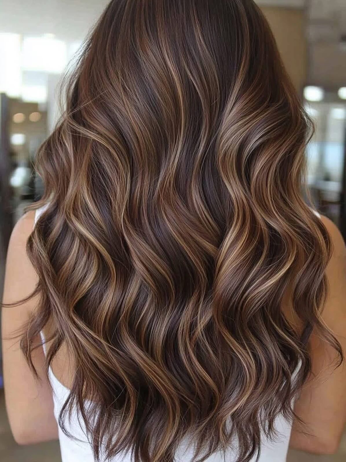 Wavy chocolate-brown hair with cool lighter highlights running through the lengths