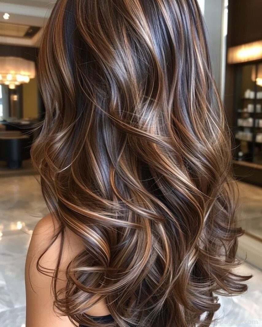 Long brunette curls with warm honey highlights cascading down the back