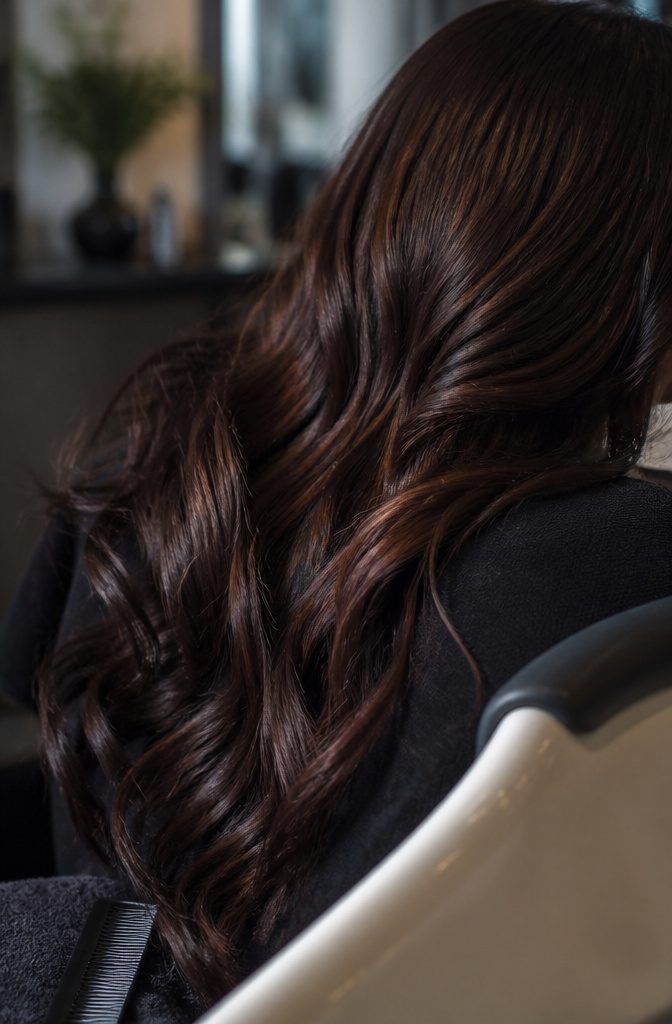 Dark brown hair with subtle reddish-brown tones