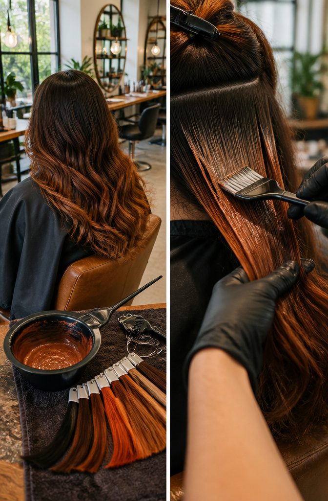 Brown hair with cinnamon balayage fading in below the roots