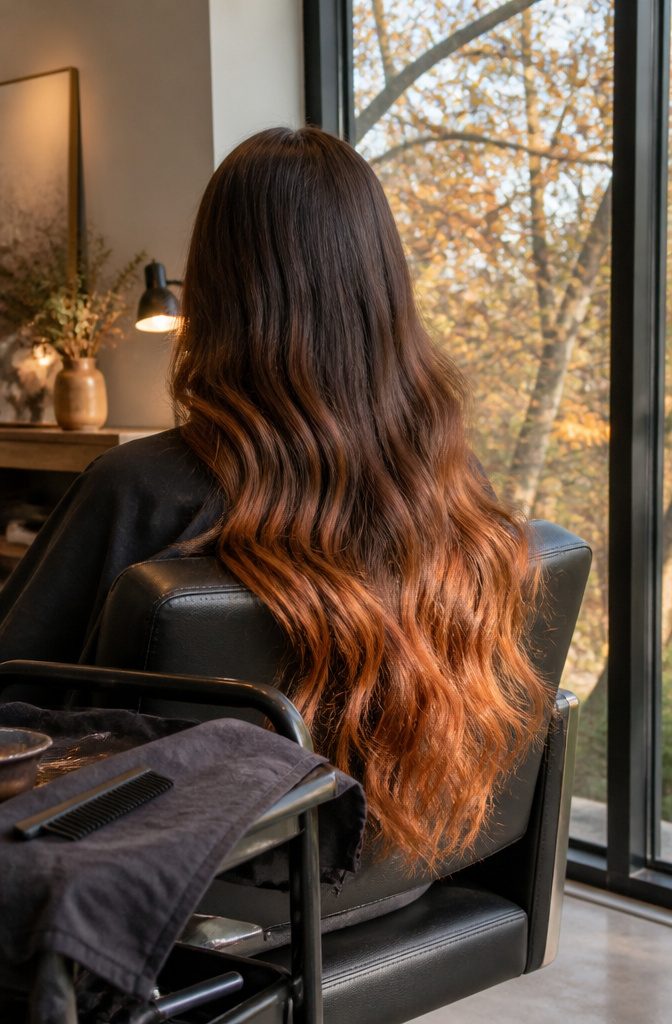 Brown hair with cinnamon color fading from mid-lengths to ends