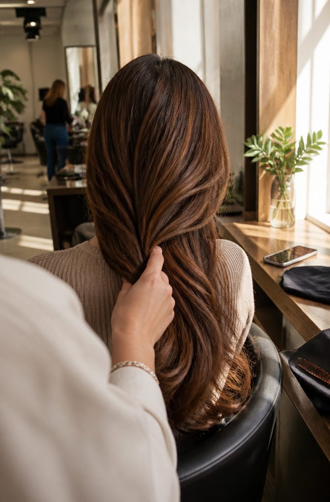Long medium brown hair with gold and blonde strands